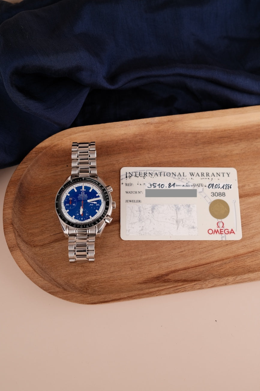 Omega Speedmaster Reduced 351081 Original Papiere Schumacher, blaues Zifferblatt