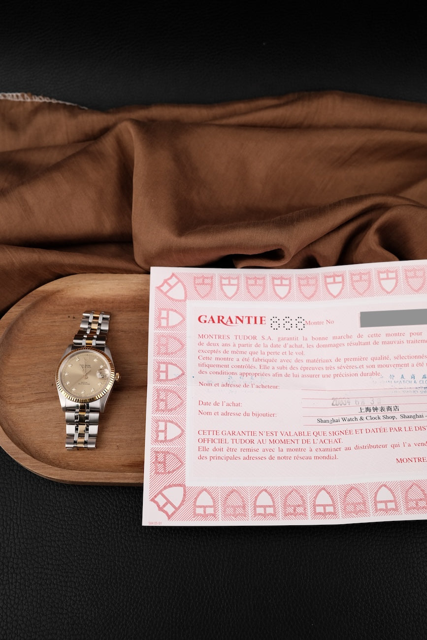 Tudor Prince Date, S/G, Champagne Diamond Dial, Fluted Bezel 74033 - Papiere und oder Lieferumfang