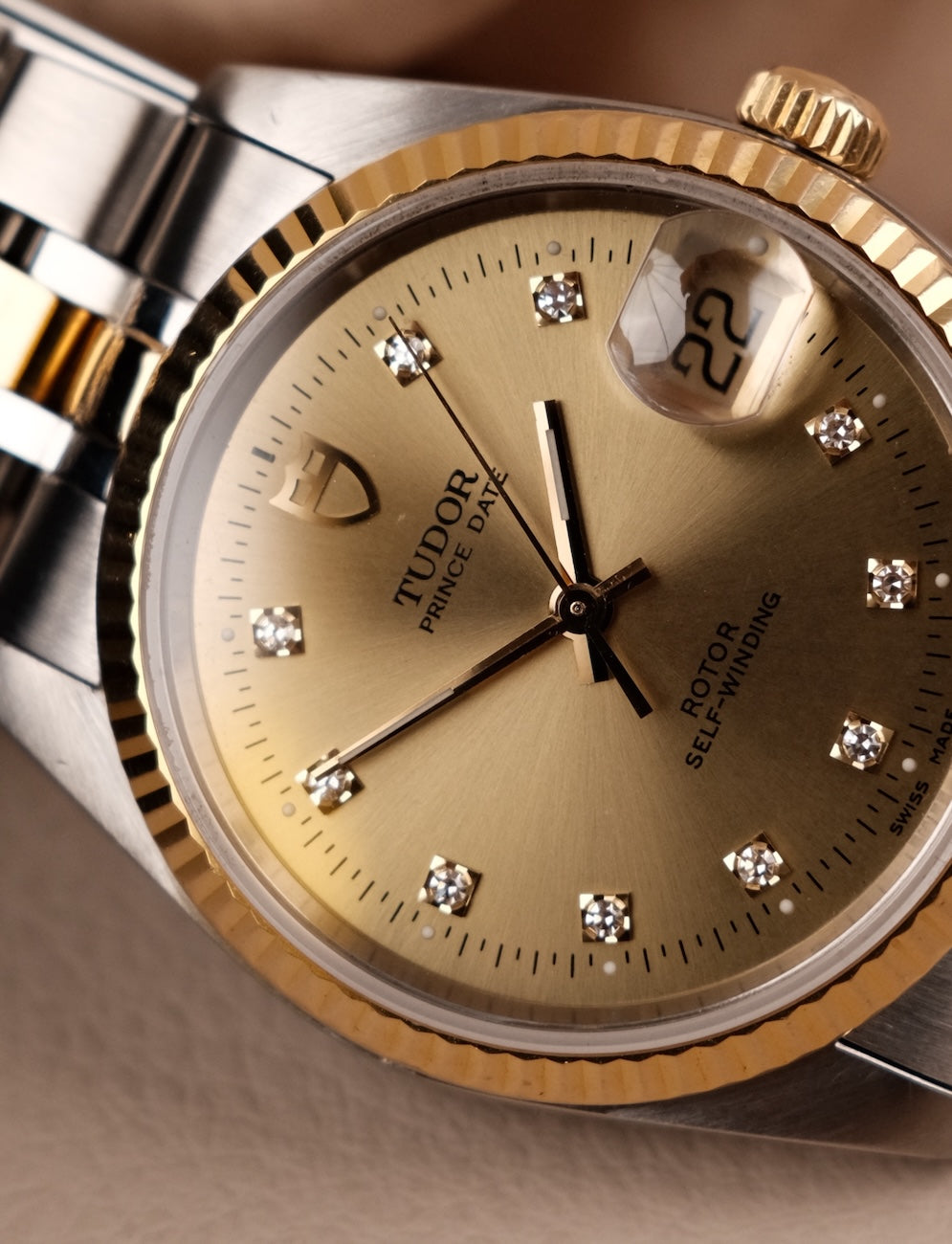 Tudor Prince Date, S/G, Champagne Diamond Dial, Fluted Bezel 74033 Original Papiere 34mm, SERVICED