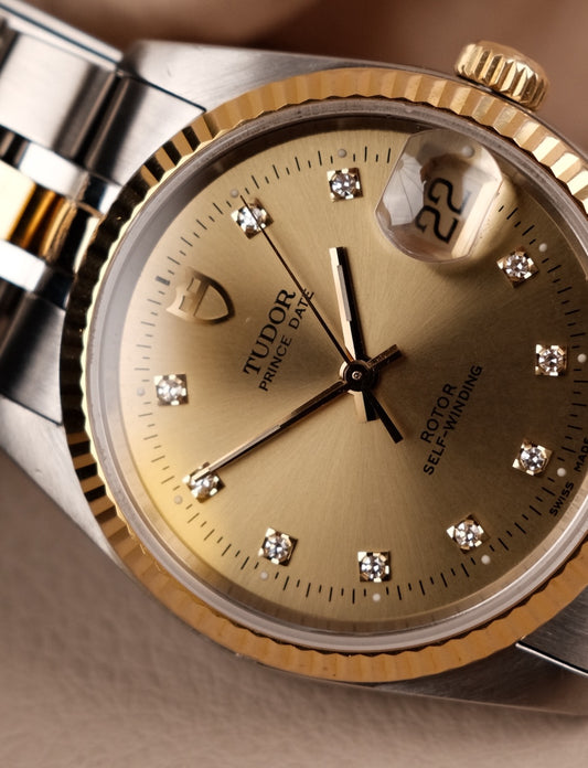 Tudor Prince Date, S/G, Champagne Diamond Dial, Fluted Bezel 74033 Original Papiere 34mm, SERVICED